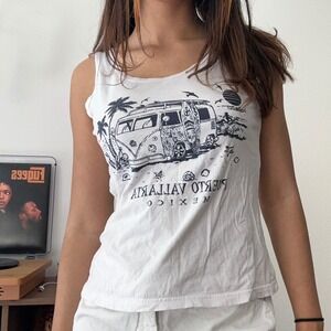 Puerto Vallarta Mexico Tank Top White Beach VW Bus Graphic Surf Palm Tree